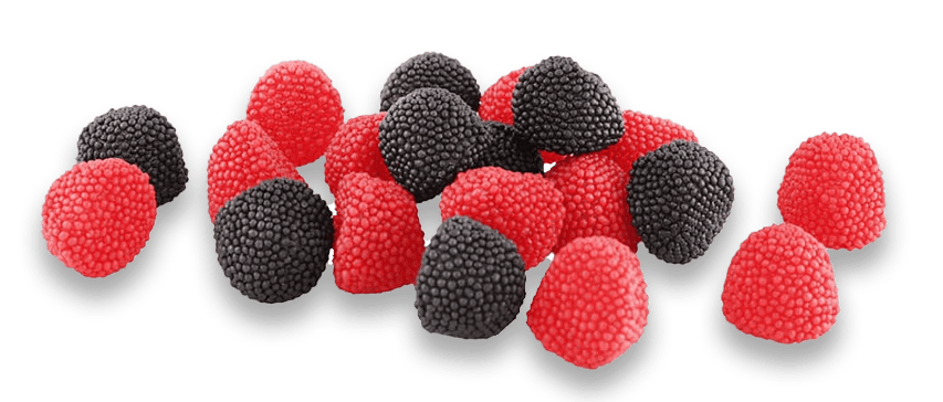 Gomitas de uva y fresa cubiertas con grageado crujiente